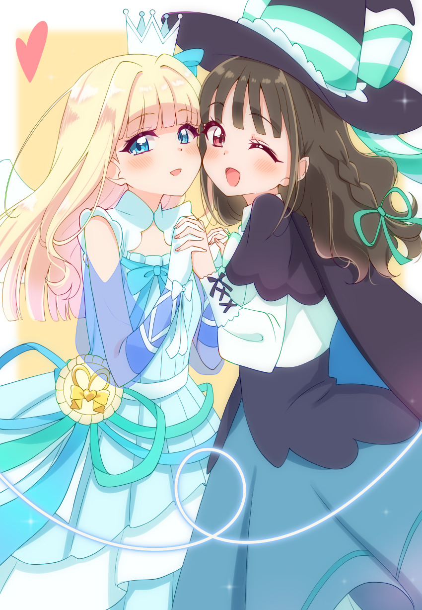 2girls absurdres angel_wings aqua_bow aqua_bowtie aqua_ribbon black_hat blonde_hair blouse blue_dress blue_eyes blue_ribbon blue_skirt blush bow bowtie braid brown_eyes crown dress gloves hair_ribbon halloween halloween_costume hat highres holding_hands long_hair long_sleeves mini_crown multiple_girls neck_ribbon nekoyashiki_mayu nekoyashiki_yuki one_eye_closed open_mouth precure red_eyes ribbon shirt short_sleeves skirt smile sugimura_mickey white_gloves white_shirt wings witch_hat wonderful_precure!