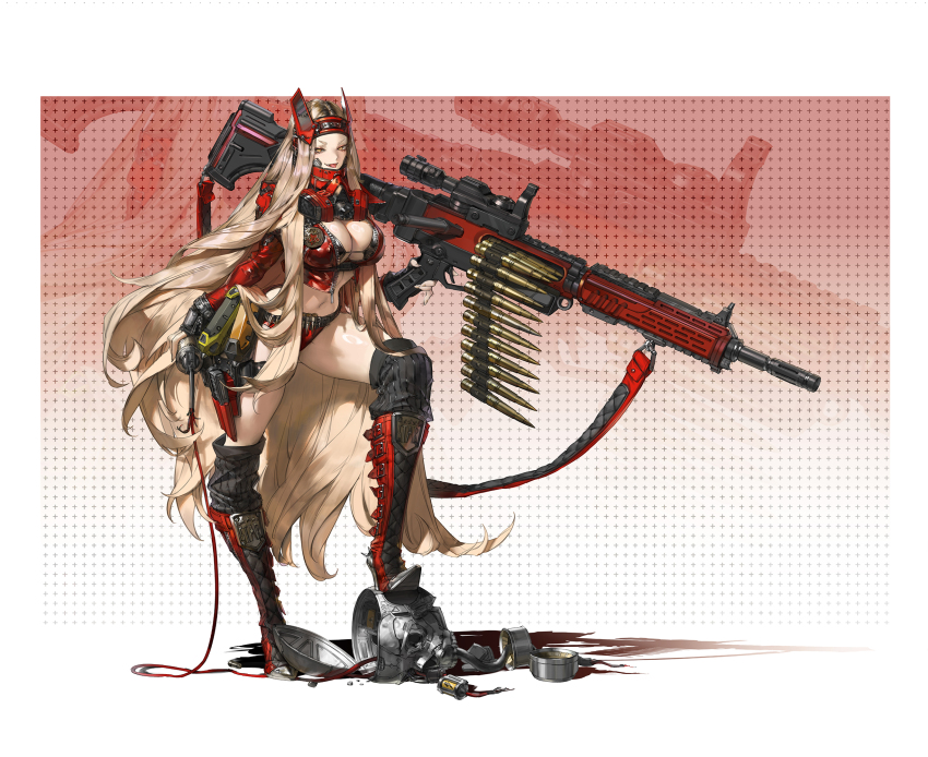 1girl ammunition ammunition_belt anti-materiel_cartridge blonde_hair boots breasts bullet cleavage cropped_jacket gun high_heel_boots high_heels highres holding holding_gun holding_weapon jacket knee_up large-caliber_cartridge long_hair midriff mintcandyboxxx navel open_clothes open_jacket open_mouth orange_eyes original red_jacket rifle rifle_cartridge smile solo standing thighs tongue tongue_out very_long_hair weapon