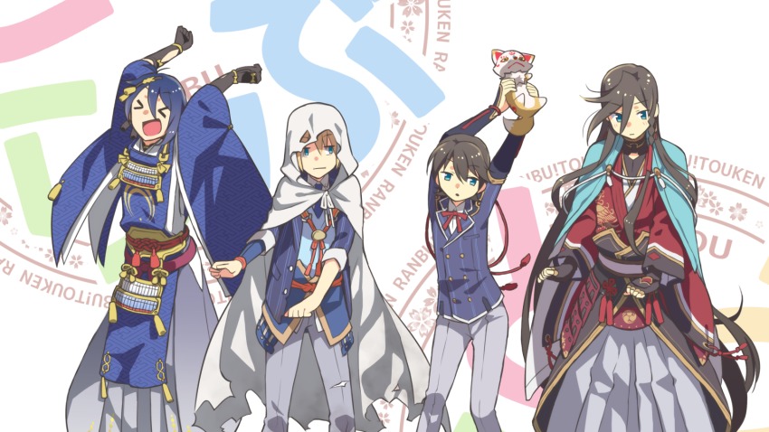 &gt;_&lt; 10s 4boys :i aqua_eyes bishounen black_gloves black_hair blonde_hair blue_eyes blue_hair braid buttons cape copyright_name crossover dancing double-breasted closed_eyes fox gloves gold_trim hakama hakama_skirt highres hood horikawa_kunihiro izumi-no-kami_kanesada japanese_clothes konnosuke kono_subarashii_sekai_ni_shukufuku_wo! kurarin male_focus mikazuki_munechika multiple_boys necktie open_mouth parody ribbon sayagata side_braid skirt smile title_parody tomorrow_(konosuba) touken_ranbu yamanbagiri_kunihiro