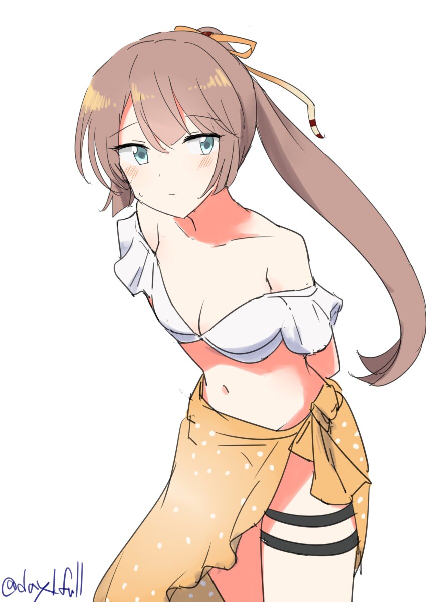 1girl absurdres bikini blue_eyes breasts brown_eyes hair_ribbon highres kantai_collection kazagumo_(kancolle) kazagumo_kai_ni_(kancolle) kazagumo_kai_ni_(swimsuit)_(kancolle) leaning_forward long_hair one-hour_drawing_challenge orange_sarong polka_dot polka_dot_sarong ponytail ribbon robinson_(day_l_full) sarong simple_background small_breasts solo swimsuit thigh_strap twitter_username white_background white_bikini