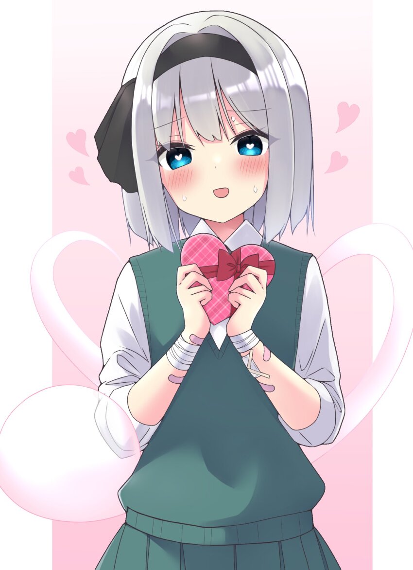 1girl bandages bandaid bandaid_on_arm black_hairband blue_eyes blush box collared_shirt commentary_request green_skirt green_vest grey_hair hairband heart heart-shaped_box heart-shaped_pupils highres hitodama holding holding_box konpaku_youmu konpaku_youmu_(ghost) long_sleeves looking_at_viewer medium_hair open_mouth pleated_skirt shirt shishiky skirt skirt_set smile solo sweat symbol-shaped_pupils touhou valentine vest white_shirt