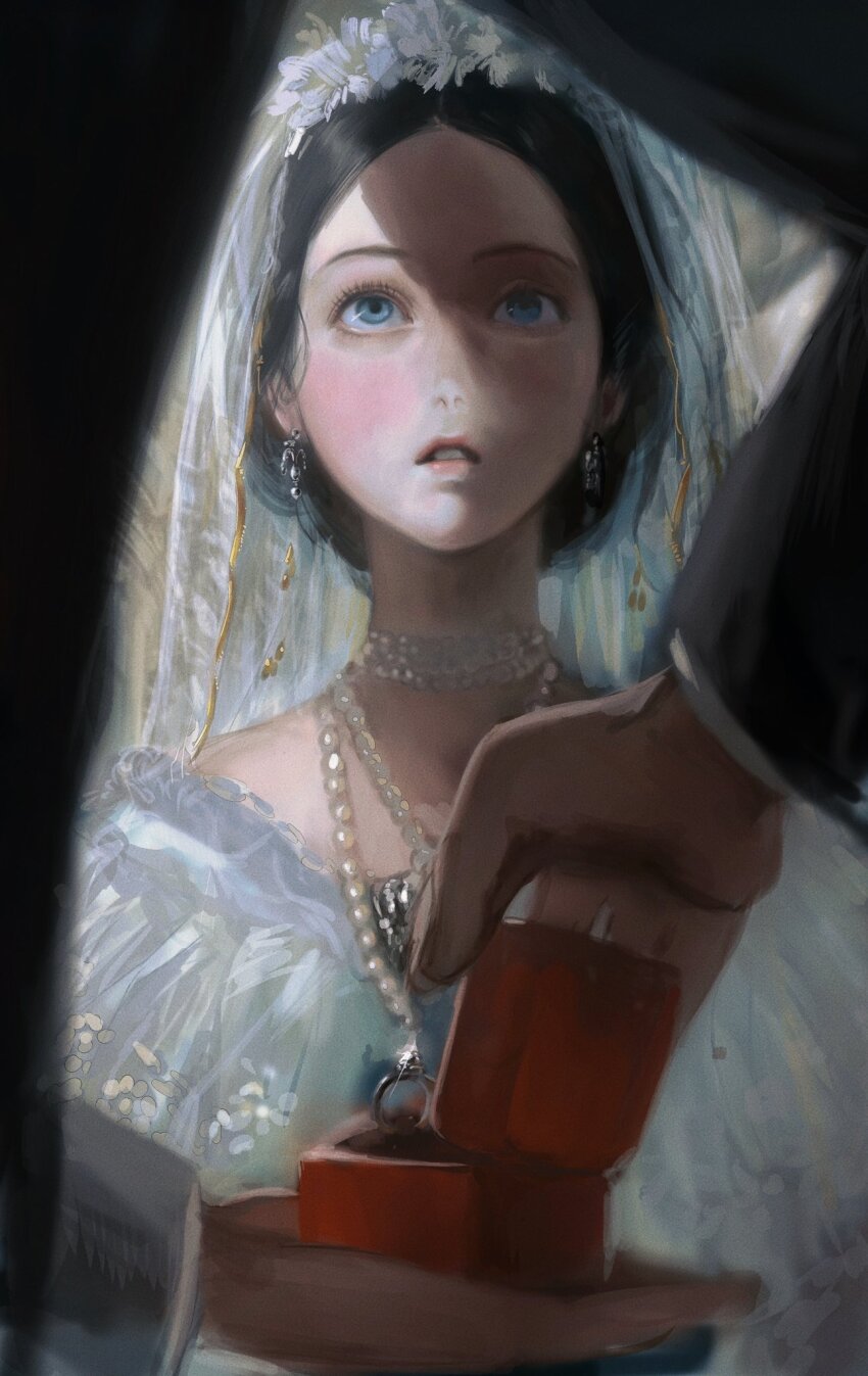 1boy 1girl black_hair blue_eyes bride dress earrings highres jewelry light_particles looking_up necklace original out_of_frame ring seapall smile solo_focus upper_body veil wedding_dress wedding_ring white_dress