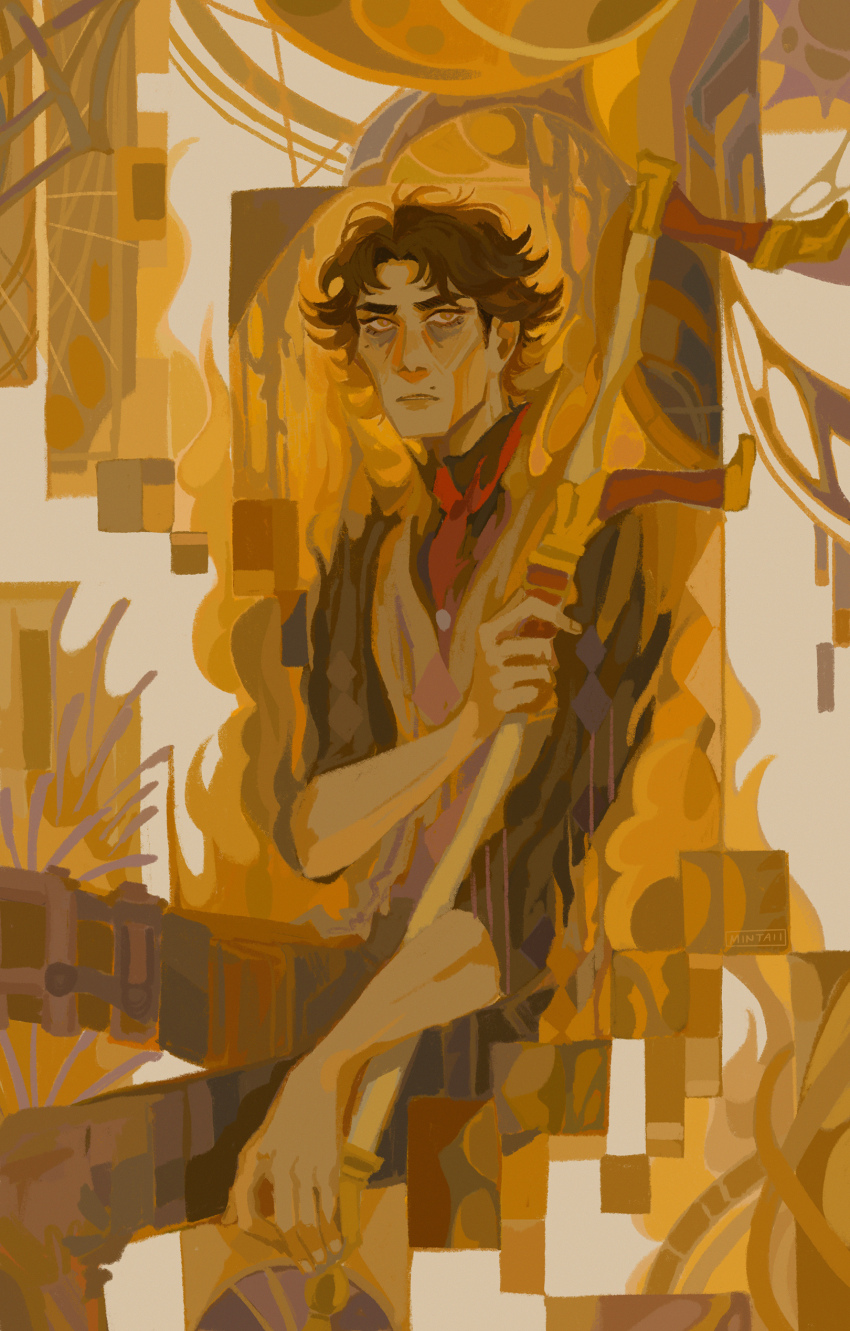 1boy absurdres arcane:_league_of_legends arm_up bags_under_eyes black_pants black_shirt brown_hair cane collared_shirt feet_out_of_frame highres holding holding_cane league_of_legends looking_at_viewer looking_to_the_side male_focus mole necktie pants parted_lips red_necktie shirt sideways_glance sitting solo spearmintaii vest viktor_(league_of_legends) white_vest yellow_eyes yellow_theme
