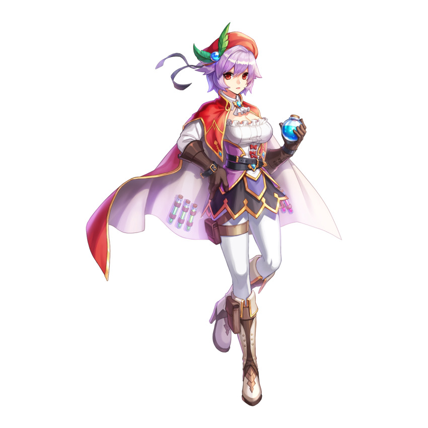 1girl ascot belt beret biolo_(ragnarok_online) black_belt black_skirt blue_brooch boots breasts brown_gloves cape cleavage cleavage_cutout closed_mouth clothing_cutout corset expressionless fold-over_boots full_body gloves hair_between_eyes hat hat_ornament highres holding holster leaf_hat_ornament leona_(pixiv) looking_at_viewer medium_breasts miniskirt official_art pants potion purple_corset purple_hair ragnarok_online red_cape red_eyes red_hat shirt short_hair simple_background skirt solo standing standing_on_one_leg tachi-e thigh_holster transparent_background two-sided_cape two-sided_fabric vial white_ascot white_boots white_cape white_pants white_shirt