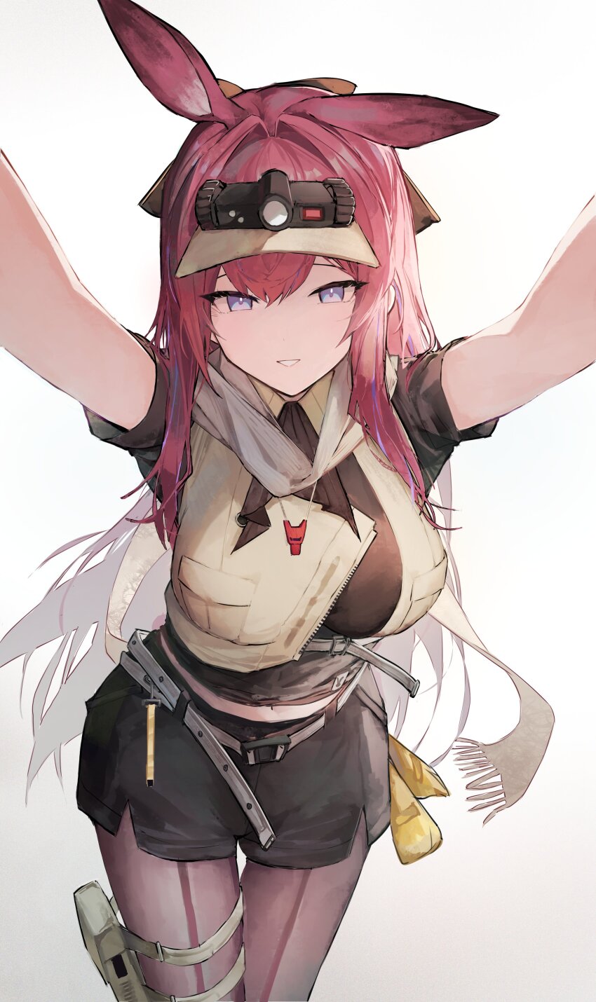 1girl absurdres animal_ears arknights arms_up belt black_bow black_shirt black_shorts bow cowboy_shot cropped_jacket front-seamed_legwear grey_belt grey_pantyhose hair_bow hair_intakes hashtag-only_commentary hato_(hatotoou) headlamp highres jacket long_hair looking_at_viewer midriff_peek multicolored_hair navel open_clothes pantyhose pantyhose_under_shorts parted_lips pink_hair purple_eyes purple_hair rabbit_ears rabbit_girl ray_(arknights) seamed_legwear shirt short_shorts short_sleeves shorts smile solo streaked_hair teeth visor_cap white_background yellow_jacket