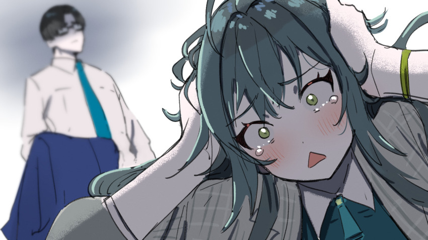 1boy 1girl aura black-framed_eyewear black_hair blush commentary_request dark_aura gakuen_idolmaster glasses green_hair hands_on_own_head idolmaster kasasagi_(futagodori888) producer_(idolmaster) tearing_up tears triangle_mouth tsukimura_temari