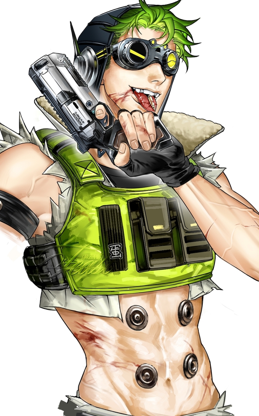 1girl abs ammunition_pouch apex_legends aviator_cap b3_wingman black_gloves black_hat blood blood_on_face blood_on_stomach bullet chinese_commentary cropped_shirt cropped_vest fingerless_gloves gloves goggles green_hair green_vest gun handgun hat highres holding holding_gun holding_weapon hongshao_dan_die male_focus navel object_on_tongue octane_(apex_legends) portrait pouch revolver shirt short_hair simple_background solo tongue tongue_out upper_body vest watermark weapon white_background white_shirt