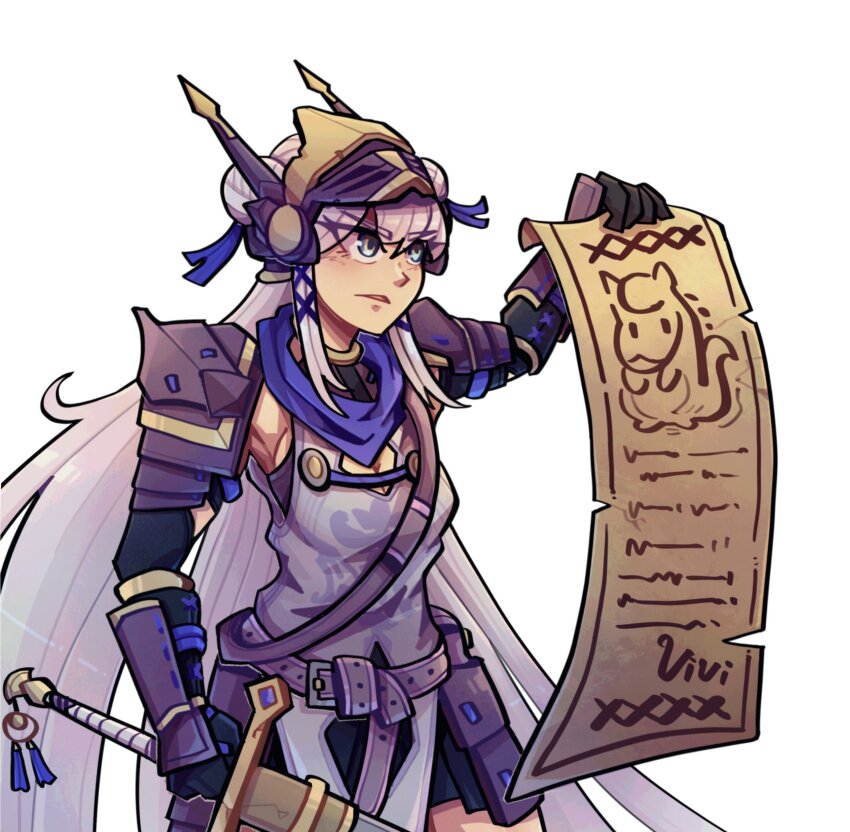 1girl absurdres breasts cleavage cleavage_cutout clothing_cutout commentary cosplay crusader_(darkest_dungeon) crusader_(darkest_dungeon)_(cosplay) darkest_dungeon double_bun english_commentary hair_bun highres holding holding_scroll holding_sword holding_weapon long_hair medium_breasts nijisanji nijisanji_en paladin_(victoria_brightshield) rocky_birdy scroll simple_background solo sword very_long_hair victoria_brightshield virtual_youtuber weapon white_background white_hair