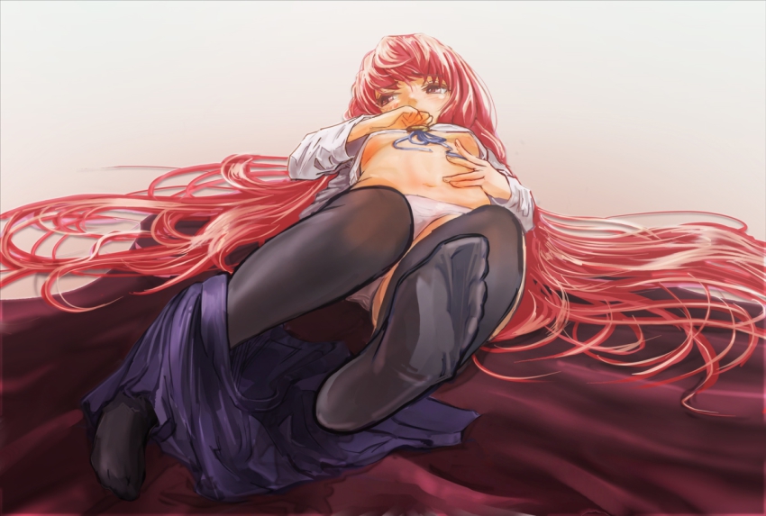 1girl black_thighhighs breasts cleavage clothes_lift feet female_focus foreshortening goru_(cure_golgom) long_hair louise_francoise_le_blanc_de_la_valliere lying on_back panties perspective pink_eyes pink_hair shirt_lift skirt small_breasts soles solo tears thighhighs underwear undressing white_panties zero_no_tsukaima
