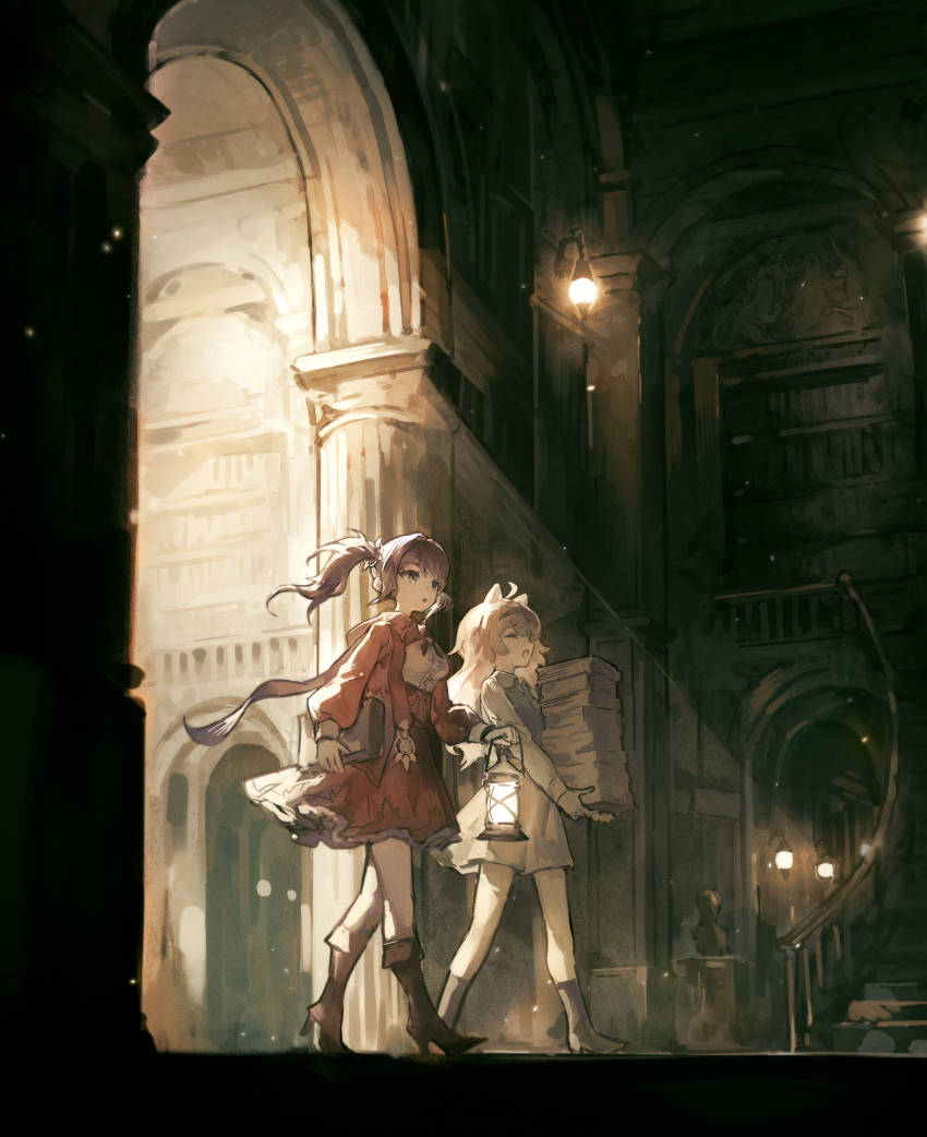 2girls absurdres ahoge animal_ears arch architecture blonde_hair book book_stack boots brown_hair cat_ears closed_eyes commentary_request grey_eyes high-waist_skirt high_heel_boots high_heels highres holding holding_book holding_lantern lantern long_hair multiple_girls open_mouth original red_skirt shirt skirt stairs twintails walking white_shirt yanyan_(shinken_gomi)