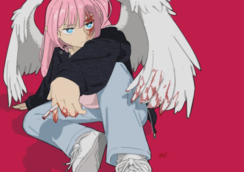 +_+ 1girl absurdres between_fingers black_jacket blood blood_on_face blood_on_hands bloody_wings blue_eyes blue_pants check_copyright cigarette closed_mouth collarbone commission copyright_request denim feathered_wings fubarmoe highres holding holding_cigarette jacket jeans long_hair long_sleeves original pants pink_hair pointy_ears red_background shoes signature simple_background sitting sneakers solo white_shoes white_wings wings
