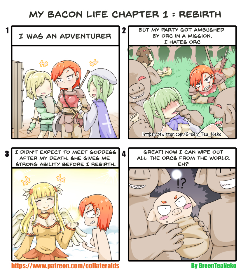 !? +++ 4girls 4koma :d absurdres afterlife angel angel_wings angry armor artist_name baby bad_id bad_pixiv_id black_border blonde_hair blood blue_eyes blush blush_stickers boobplate border breastplate breasts cape chibi closed_eyes cloud comic cross dress dying english_text engrish_text faceless greenteaneko grin hand_up heaven highres holding implied_sex large_breasts long_sleeves multiple_girls nude numbered_panels open_mouth orange_dress orange_hair orc original patreon_username purple_cape ranguage rape reincarnation sanpaku sex sharp_teeth sideways_mouth smile square_4koma sweatdrop sword teeth torn_clothes twintails twitter_username weapon weapon_on_back wide-eyed wings