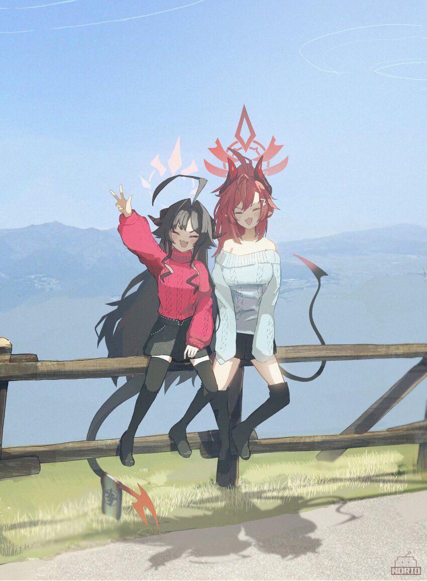 2girls absurdres ahoge bare_shoulders black_footwear black_hair black_skirt black_thighhighs blue_archive closed_eyes demon_girl demon_horns demon_tail dress hair_between_eyes highres horns kasumi_(blue_archive) long_hair looking_at_viewer megu_(blue_archive) multiple_girls norio_(norio386) open_mouth ponytail red_hair red_sweater sidelocks skirt sleeves_past_fingers sleeves_past_wrists strapless strapless_dress sweater tail thighhighs turtleneck turtleneck_sweater v white_sweater