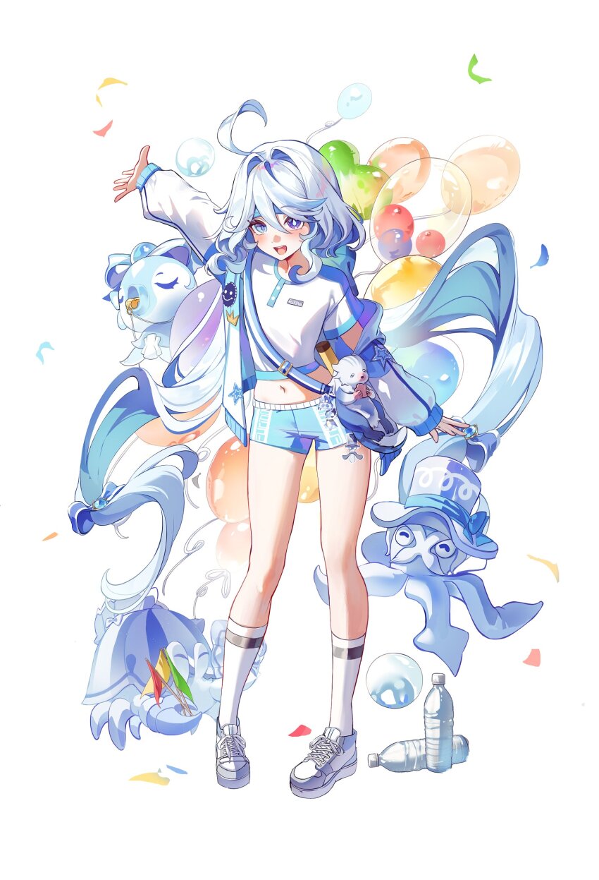 1girl :d absurdres ahoge alternate_costume balloon blue_eyes blue_hair blue_pupils blue_shorts blush bottle commentary_request dasha drop-shaped_pupils full_body furina_(genshin_impact) genshin_impact gentilhomme_usher hair_between_eyes hand_up heterochromia highres leisurely_otter_(genshin_impact) long_hair long_sleeves looking_at_viewer mademoiselle_crabaletta midriff multicolored_hair navel open_mouth shirt shoes shorts simple_background smile socks solo standing surintendante_chevalmarin symbol-shaped_pupils very_long_hair water_bottle white_background white_hair white_shirt white_shoes white_socks