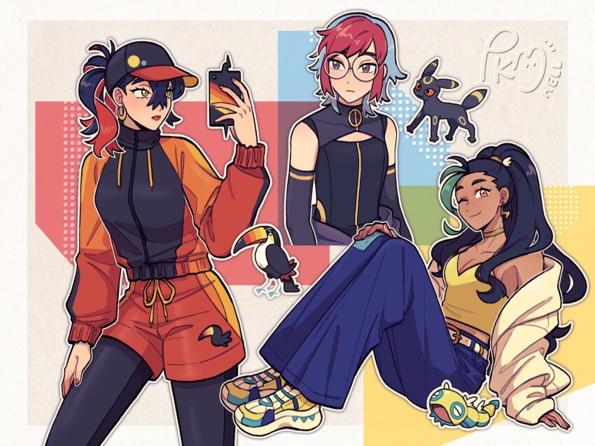 3girls ;) alternate_costume arm_support black_hair black_hat black_pantyhose blue_pants breasts carmine_(pokemon) cleavage closed_mouth collarbone commentary crossed_bangs dudunsparce dudunsparce_(two-segment) earrings eyelashes gen_2_pokemon gen_7_pokemon glasses grey_eyes hair_between_eyes hand_up hat highres holding holding_phone jacket jewelry long_sleeves multicolored_hair multiple_girls nemona_(pokemon) nintendo one_eye_closed orange_eyes pants pantyhose penny_(pokemon) phone pokemon pokemon_sv red_hair round_eyewear shirt shoes shorts sitting smile strapless strapless_shirt submashell toucannon two-tone_hair umbreon yellow_eyes yellow_shirt