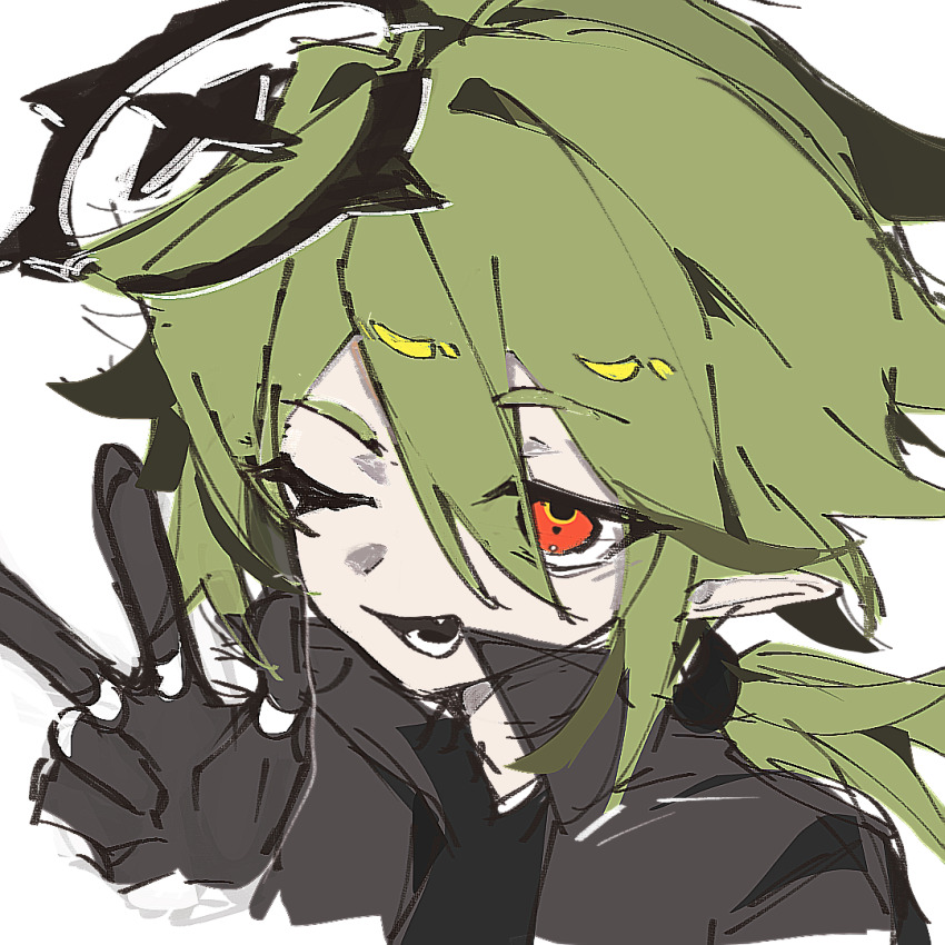 1boy ;d aotu_world black_gloves black_jacket black_shirt chinese_commentary detllou12781 eyes_visible_through_hair gloves green_hair hair_between_eyes halo hand_up jacket jewelry long_hair looking_at_viewer low_ponytail male_focus one_eye_closed open_mouth pointy_ears ponytail portrait red_eyes ring shirt simple_background sketch smile solo upper_body v w white_background xander_(aotu_world)
