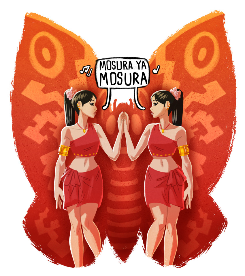 2girls black_eyes black_hair bug female_focus flower flower_on_head godzilla:_tokyo_s.o.s. hat highres insect jewelry long_hair moth mothra mothra_(series) multiple_girls music pyrasterran shobijin siblings singing sisters standing twins
