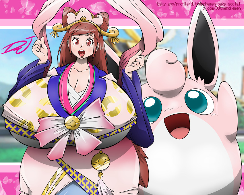 absurdres arms_up blush breasts cleavage gen_1_pokemon hair_bun hair_ornament headdress highres huge_breasts inkbooba japanese_clothes kimono lips lipstick long_hair looking_at_viewer makeup nintendo oichi oichi_(pokemon_conquest) open_mouth poke_ball_print poke_ball_symbol pokemon pokemon_conquest red_eyes red_hair sengoku_musou smile swept_bangs very_long_hair wide_hips wigglytuff