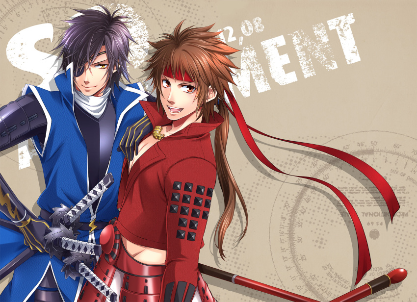 2boys :d black_hair brown_background brown_hair date_masamune_(sengoku_basara) dual_wielding eyepatch hand_on_another&#039;s_shoulder headband highres holding holding_polearm holding_weapon jacket katana long_hair looking_at_viewer low_ponytail male_focus multiple_boys no_shirt open_mouth orange_eyes polearm ponytail red_headband red_jacket sanada_yukimura_(sengoku_basara) sengoku_basara sheath sheathed short_hair slit_pupils smile sword warabi_(waradoko) weapon yellow_eyes