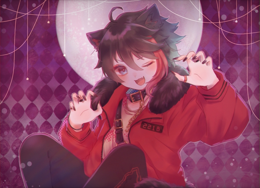 1boy ahoge animal_collar animal_ears black_hair claw_pose collar dog_ears fang hair_between_eyes highres jacket kemonomimi_mode male_focus mi_oxo_9m multicolored_hair nijisanji one_eye_closed open_mouth red_jacket saegusa_akina sitting skin_fang solo streaked_hair virtual_youtuber
