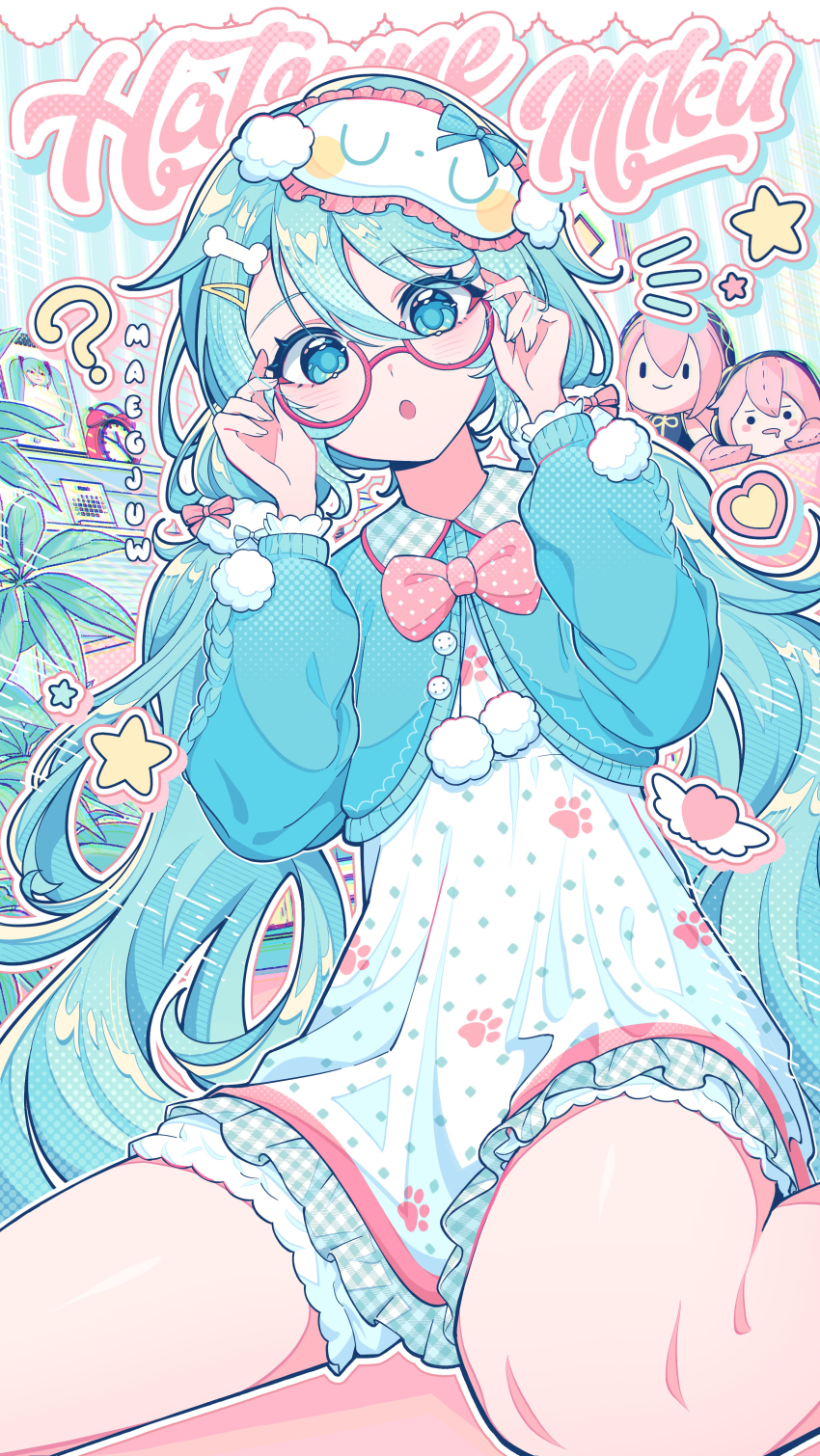 1girl :o ? absurdres adjusting_eyewear aqua_eyes aqua_hair artist_name character_doll character_name chestnut_mouth doll glasses hair_between_eyes hair_ornament hairclip halftone hands_up hatsune_miku highres long_hair long_sleeves looking_at_viewer low_twintails maegjuw megurine_luka open_mouth parted_lips paw_print sitting solo star_(symbol) takoluka twintails very_long_hair vocaloid