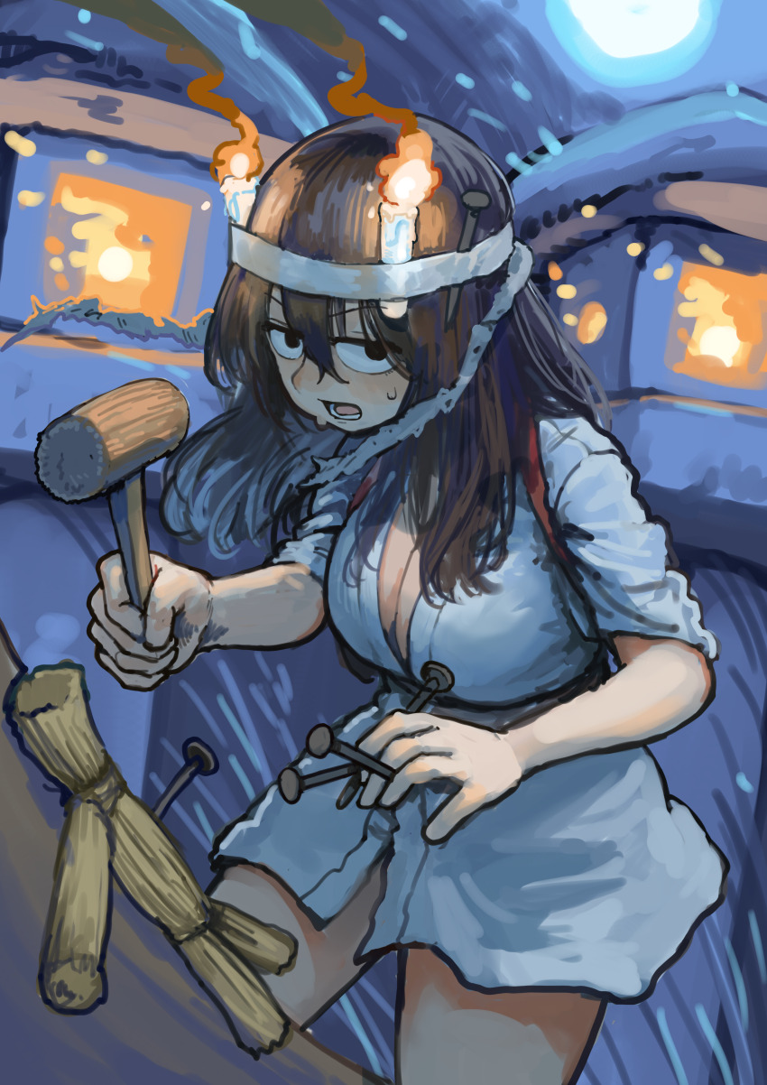 1girl absurdres black_eyes breasts candle chanta_(ayatakaoisii) cleavage fire hair_between_eyes hammer headband highres holding holding_hammer holding_nail japanese_clothes nail nail_(hardware) night open_mouth original outdoors short_sleeves solo straw_doll sweat ushi_no_koku_mairi