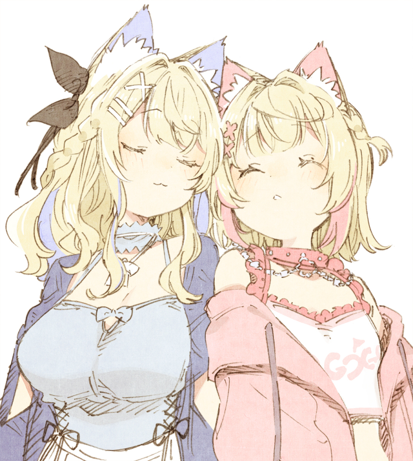2girls abara_heiki blonde_hair blue_hair breasts cleavage closed_eyes closed_mouth fuwawa_abyssgard highres hololive hololive_english large_breasts medium_hair mococo_abyssgard multicolored_hair multiple_girls parted_lips red_hair short_hair simple_background small_breasts teeth two-tone_hair upper_body virtual_youtuber white_background