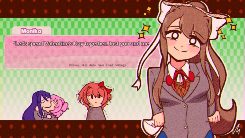 4girls absurdres arms_behind_back blazer blue_skirt blush border bow bowtie breasts bright_pupils brown_hair brown_sweater_vest character_name checkered_background chibi closed_mouth commentary crossed_arms dialogue_box diamond_(shape) doki_doki_literature_club doki_doki_literature_club_school_uniform dot_mouth english_commentary english_text film_grain filthyhector gameplay_mechanics gradient_background green_background grey_jacket hair_bow hair_intakes hair_ribbon head_tilt highres huge_bow incoming_letter jacket letter letterboxed long_hair love_letter medium_breasts meme monika_(doki_doki_literature_club) multiple_girls natsuki_(doki_doki_literature_club) pink_hair ponytail purple_hair red_border red_bow red_bowtie red_hair ribbon sayori_(doki_doki_literature_club) school_uniform short_hair skirt smile solid_oval_eyes solo_focus sparkle sweater_vest swept_bangs trembling two_side_up upper_body valentine very_long_hair white_bow white_pupils white_ribbon yoshi_and_toad_kissing_(meme) yuri yuri_(doki_doki_literature_club)