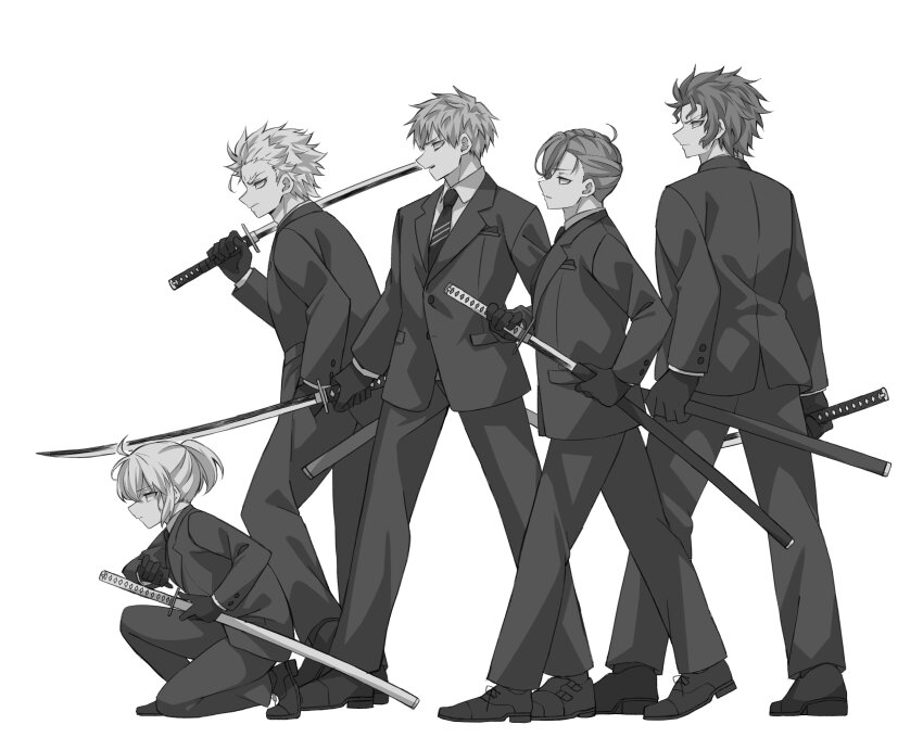 1girl 4boys absurdres alternate_costume black_footwear black_gloves black_hair black_jacket black_necktie black_pants black_suit collared_shirt dress_shoes fate/grand_order fate_(series) fighting_stance formal_clothes gloves grey_hair greyscale hair_slicked_back highres hijikata_toshizou_(fate) holding holding_sheath holding_sword holding_weapon jacket katana kneeling long_sleeves monochrome multiple_boys nagakura_shinpachi_(fate) necktie official_alternate_costume okita_souji_(fate) pants ponytail ready_to_draw saitou_hajime_(fate) sheath sheathed shirt short_ponytail simple_background standing suit suit_jacket sword ta_ko_tsu unsheathed unsheathing weapon white_background white_hair white_shirt yamanami_keisuke_(fate)