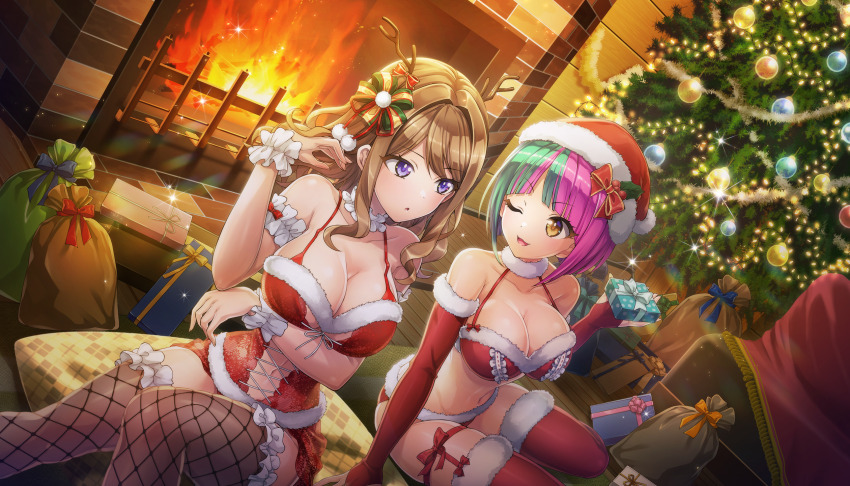2girls antlers arm_under_breasts bikini box breasts brown_hair christmas christmas_tree cleavage corset dolphin_wave elbow_gloves fireplace fishnet_thighhighs fishnets flipped_hair fur-trimmed_gloves fur-trimmed_legwear fur_trim game_cg gift gift_bag gift_box gloves green_hair hair_intakes hair_ribbon hat helly_lewis highres holding holding_gift horns large_breasts long_hair looking_at_another multicolored_hair multiple_girls non-web_source official_art one_eye_closed ootomo_takuji orange_eyes purple_eyes purple_hair reindeer_antlers ribbon santa_hat short_hair suminoe_shion swimsuit thighhighs wavy_hair