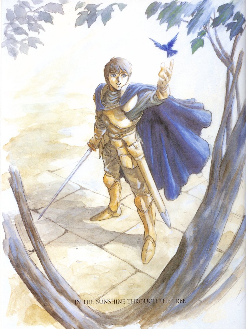 1boy absurdres armor bird highres male_focus nature non-web_source outdoors parn_(lodoss) plant record_of_lodoss_war solo sword tree weapon