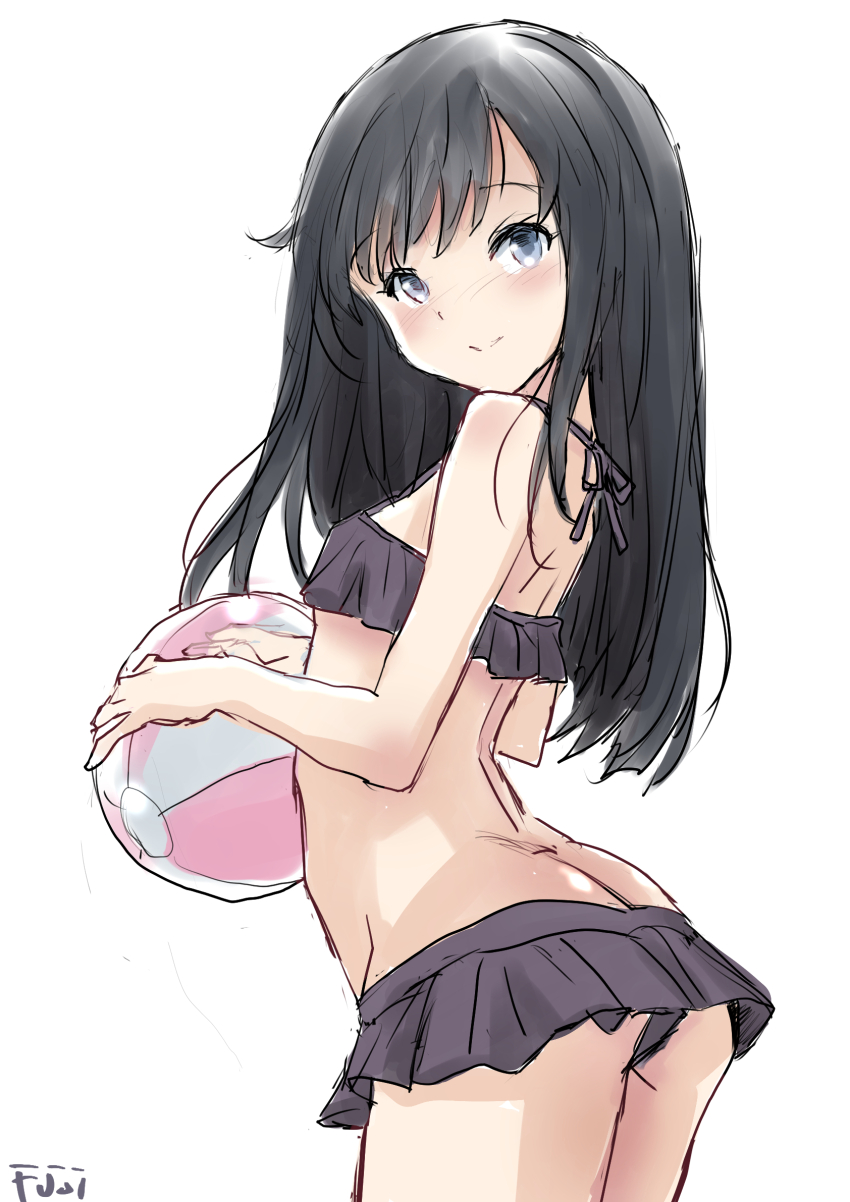 1girl alternate_color asashio_(kancolle) ass ball beachball bikini bikini_skirt black_bikini black_hair breasts butt_crack commentary_request cosplay fuji_(pixiv24804665) highres holding holding_ball kantai_collection kasumi_(kancolle) kasumi_(kancolle)_(cosplay) kasumi_kai_ni_(kancolle) kasumi_kai_ni_(swimsuit)_(kancolle) long_hair simple_background small_breasts smile solo swimsuit white_background