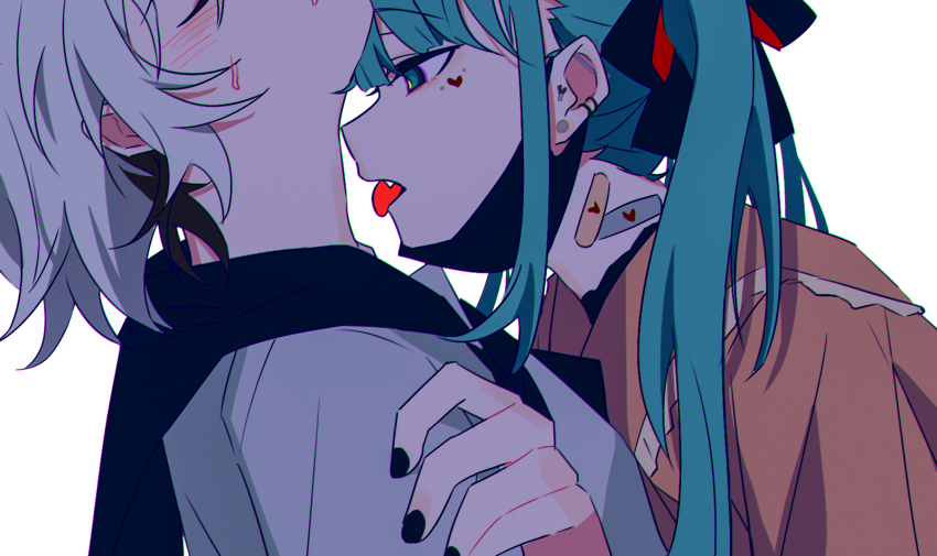 2girls aqua_eyes aqua_hair bandaid bandaid_on_neck black_hair black_mask black_nails black_ribbon black_sailor_collar black_shirt blush bright_pupils collared_shirt ear_piercing facial_mark fang flower_(vocaloid) flower_(vocaloid4) frilled_shirt_collar frills from_side hair_ribbon hand_on_another&#039;s_arm hatsune_miku heart heart_facial_mark highres imminent_bite long_hair mask mask_pull mouth_mask multiple_girls nail_polish open_mouth piercing red_shirt ribbon sailor_collar shirt short_hair sweat tongue tongue_out turtleneck twintails upper_body vampire vampire_(vocaloid) vocaloid white_background white_hair white_pupils white_shirt ximuye
