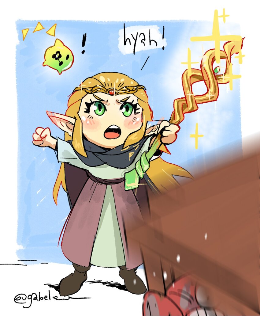 1girl blonde_hair blush dress fairy gabelew green_eyes hair_pulled_back highres mage_staff moblin monster nintendo princess_zelda solo staff table the_legend_of_zelda the_legend_of_zelda:_echoes_of_wisdom tri_(zelda) tri_rod violence
