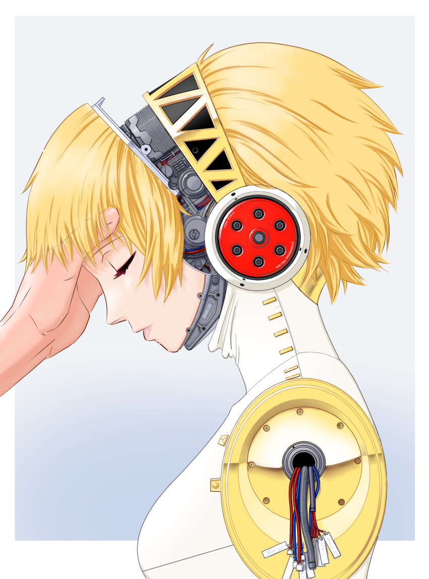 1girl 1other absurdres aigis_(persona) amputee android blonde_hair blue_background border cable closed_eyes closed_mouth commentary_request gradient_background highres humanoid_robot imananji_01 maintenance mechabare out_of_frame persona persona_3 robot short_hair solo_focus tag white_border