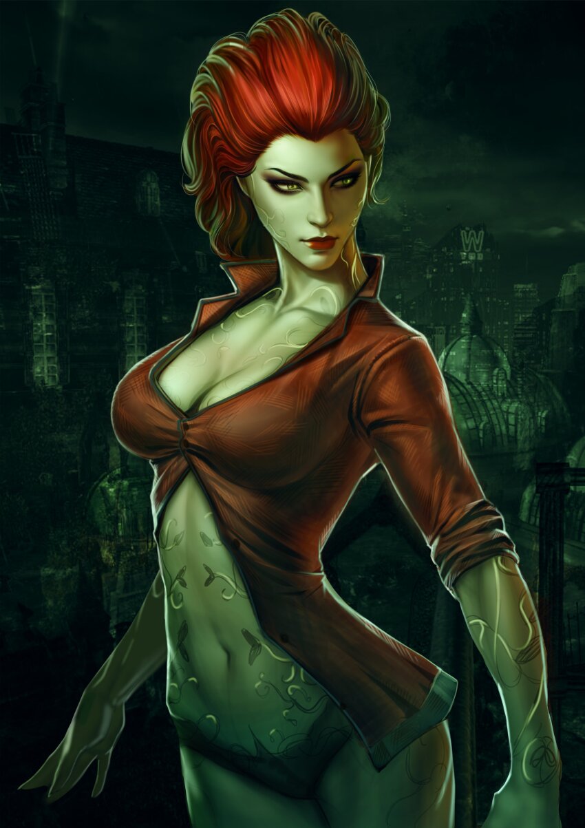 1girl absurdres batman:_arkham_asylum batman_(series) breasts brown_shirt cleavage collared_shirt colored_skin dc_comics green_eyes green_skin highres kodiart96 large_breasts looking_to_the_side navel panties poison_ivy red_hair revealing_clothes shirt solo underwear