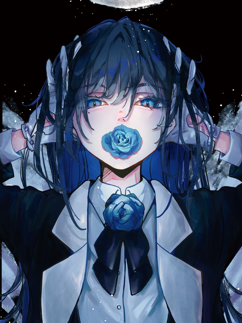 1girl absurdres ado_(utaite) aegyo_sal black_coat blue_eyes blue_hair cco_(mizutama_ma) chando_(ado) coat collared_shirt commentary_request content_rating dress_shirt flower flower_over_eye flower_over_mouth gloves highres light_particles mole mole_under_eye redrawn shirt solo upper_body utaite white_gloves white_shirt
