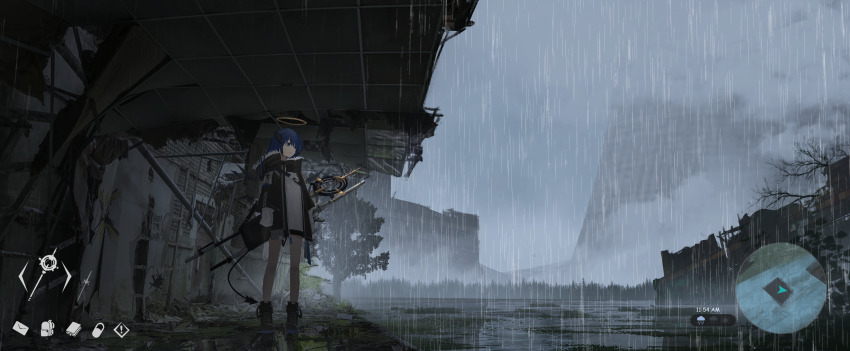 1girl absurdres arknights arms_at_sides black_jacket black_shorts blue_eyes blue_hair boots cityscape closed_mouth day de4d_fish expressionless full_body fur-trimmed_jacket fur_trim grass grey_sky hair_between_eyes halo heads-up_display highres horns jacket long_hair minimap mostima_(arknights) open_clothes open_jacket outdoors overcast plant post-apocalypse puddle rain reflective_floor rubble ruins scenery shorts sidelocks sky solo staff standing tree user_interface weapon weapon_on_back wide_shot