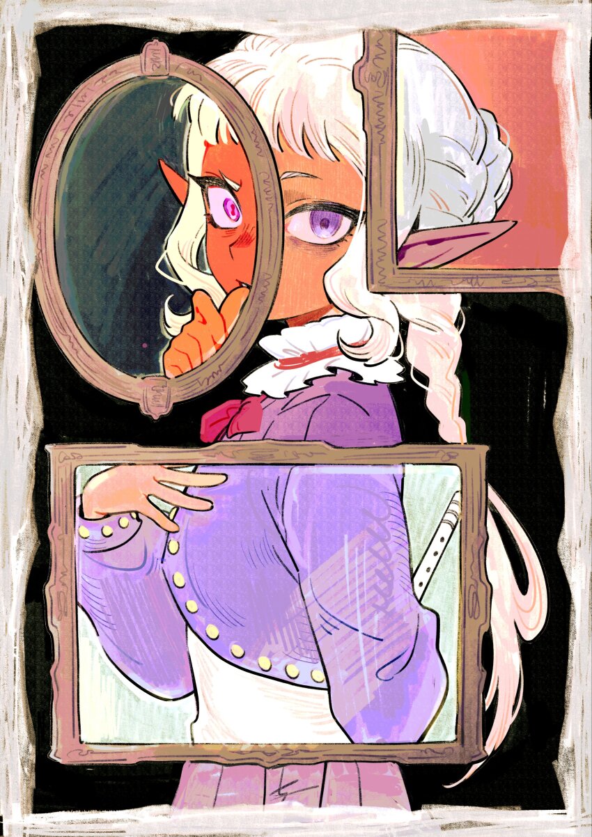 1boy absurdres androgynous arm_behind_back biting biting_own_thumb border bow bowtie braid dark-skinned_male dark_skin dungeon_meshi flute hand_up high_collar highres holding holding_flute holding_instrument instrument jacket long_hair mirror pointy_ears purple_eyes purple_jacket red_bow red_bowtie short_bangs single_braid solo swept_bangs thistle_(dungeon_meshi) tolikoo white_border white_hair