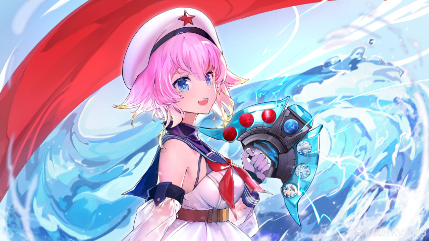 1girl :d absurdres belt beret blonde_hair blue_eyes blue_sailor_collar breasts colored_tips deer_gu_fu_fu_ball detached_sleeves dress gloves gradient_hair hat hat_ornament highres jinan_(warship_girls_r) looking_at_viewer multicolored_hair neckerchief open_mouth pink_hair red_neckerchief red_star sailor_collar short_hair smile solo star_(symbol) star_hat_ornament warship_girls_r water watermark weibo_username weibo_watermark white_dress