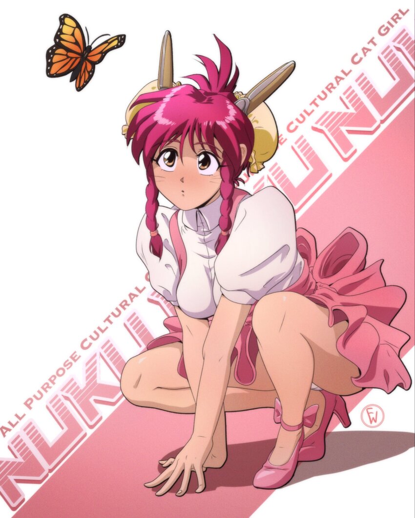 1990s_(style) blush braid bug butterfly dress fritz_willie highres insect original panties panty_peek pink_dress pink_hair retro_artstyle shirt twin_braids underwear white_shirt