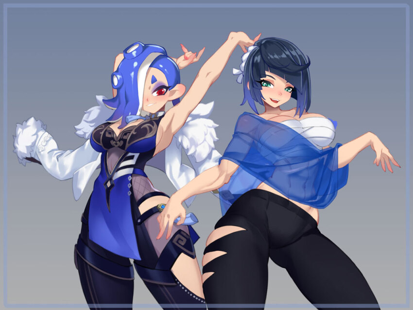 2girls alternate_costume arms_up bandages black_hair black_pants blue_dress blue_hair breasts china_dress chinese_clothes cleavage cosplay costume_switch crossover dress eyeshadow fur-trimmed_jacket fur_trim genshin_impact green_eyes grey_background grin hair_over_one_eye jacket large_breasts little_blood long_sleeves makeup medium_breasts multiple_girls navel nintendo octopus_girl open_mouth pants red_eyes sarashi shiver_(splatoon) shiver_(splatoon)_(cosplay) short_hair sleeveless sleeveless_dress smile solo splatoon_(series) splatoon_3 standing teeth tentacle_hair tentacles white_jacket yelan_(genshin_impact) yelan_(genshin_impact)_(cosplay)