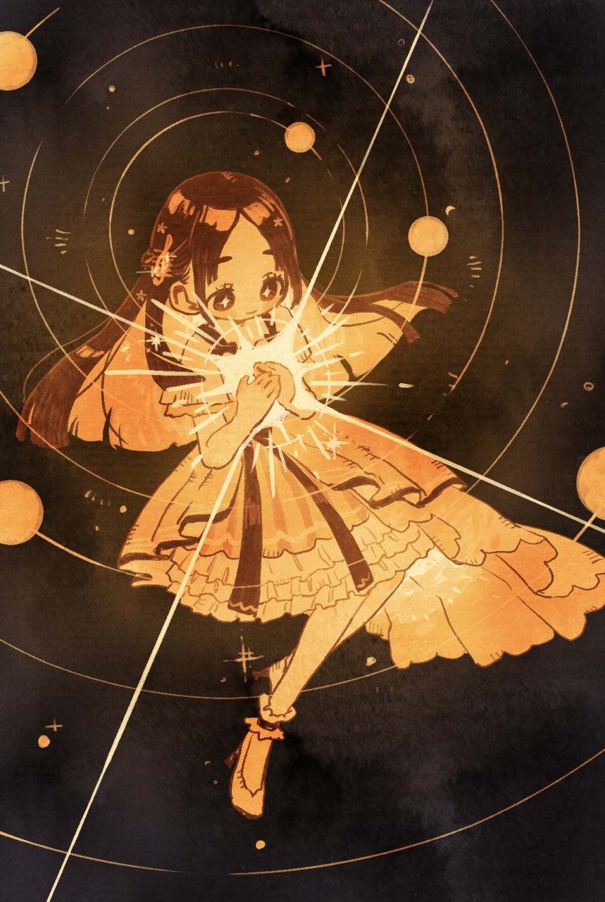 1girl closed_mouth dress full_body gakuen_idolmaster glowing high_heels highres idolmaster kuramoto_china long_hair monochrome nama_udon orbital_path planet shoes short_dress short_sleeves smile solo star-shaped_pupils star_(symbol) symbol-shaped_pupils