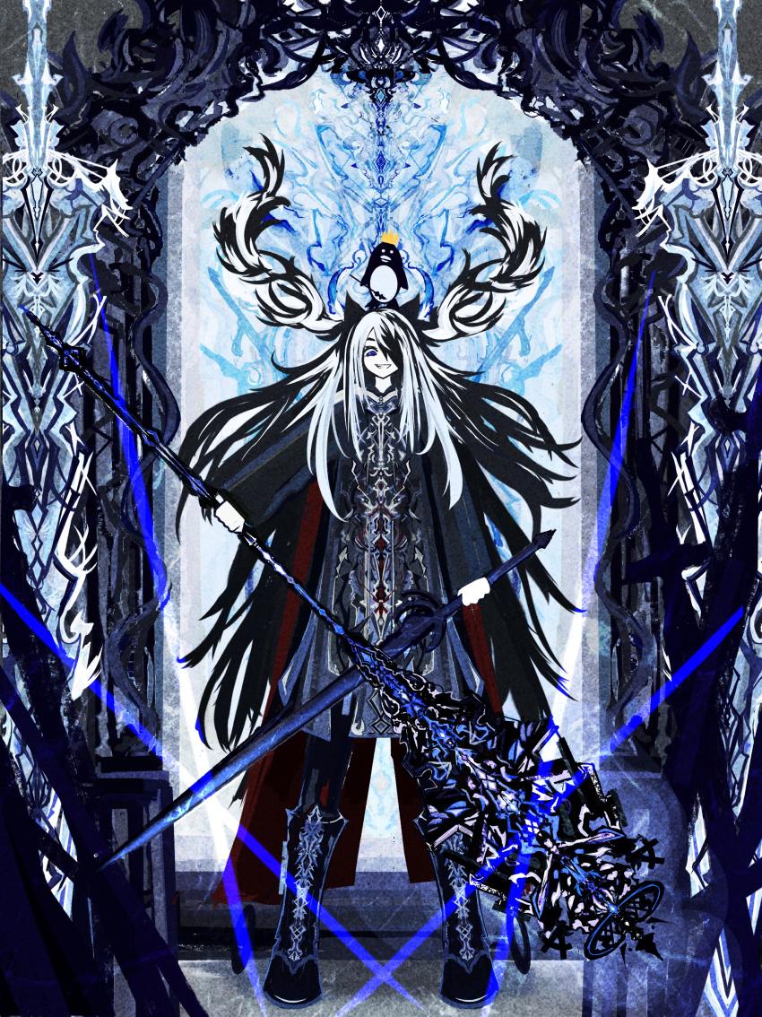 1girl absurdres animal animal_on_head bird black_hair boots crown dress fractal full_body highres holding holding_weapon horns huge_weapon looking_down multicolored_hair on_head original partially_shaded_face penguin riz_kira smile solo staff sword two-tone_hair weapon white_hair