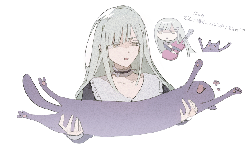 1girl animal animalization bang_dream! bang_dream!_it&#039;s_mygo!!!!! black_choker blue_dress cat choker commentary dress electric_guitar frilled_choker frills green_hair guitar hair_ornament hairclip holding holding_animal holding_cat instrument long_hair open_mouth reiboubyou simple_background translation_request wakaba_mutsumi watermark white_background yellow_eyes yuutenji_nyamu