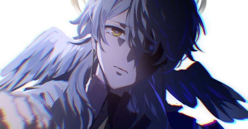 1boy black_shirt closed_mouth earrings feathered_wings frown glitch gold_earrings grey_hair hair_between_eyes halo halo_behind_head head_wings highres honkai:_star_rail honkai_(series) jacket jewelry looking_at_viewer male_focus medium_hair one_eye_covered partially_shaded_face pinky_swear portrait shirt simple_background solo sunday_(honkai:_star_rail) turtleneck white_background white_jacket white_wings wings yellow_eyes zassyoku_dd