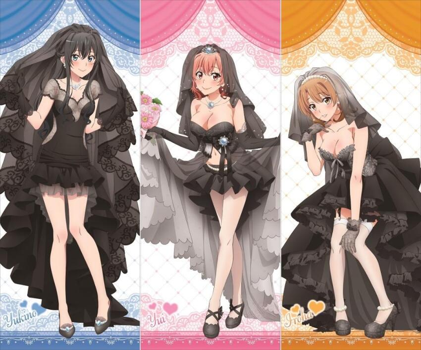 3girls black_dress black_hair black_wedding_dress blue_eyes breasts bridal_veil brown_eyes brown_hair cleavage dress flower garter_straps gloves hand_on_own_knee high_heels isshiki_iroha jewelry large_breasts midriff multiple_girls navel necklace official_art small_breasts smile stiletto_heels thighhighs veil wedding_dress yahari_ore_no_seishun_lovecome_wa_machigatteiru. yuigahama_yui yukinoshita_yukino