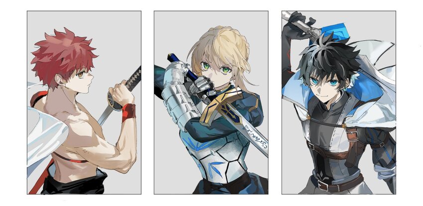 1girl 2boys armor armored_dress artoria_pendragon_(fate) black_hair blonde_hair blue_cloak blue_eyes braid braided_bun cape charlemagne_(fate) charlemagne_(first_ascension)_(fate) cloak closed_mouth dress emiya_shirou excalibur_(fate/stay_night) fate/grand_order fate_(series) gauntlets gloves green_eyes hair_between_eyes hair_bun highres holding holding_sword holding_weapon japanese_clothes joyeuse_ordre_(fate) katana long_sleeves looking_at_viewer multicolored_hair multiple_boys orange_hair over_shoulder puff_and_slash_sleeves puffy_sleeves red_hair saber_(fate) senji_muramasa_(fate) shirt short_hair simple_background single_bare_shoulder smile ss_un17 streaked_hair sword sword_over_shoulder toned topless_male two-sided_cape two-sided_fabric two-tone_hair upper_body weapon weapon_over_shoulder white_background white_cape white_cloak white_hair yellow_eyes