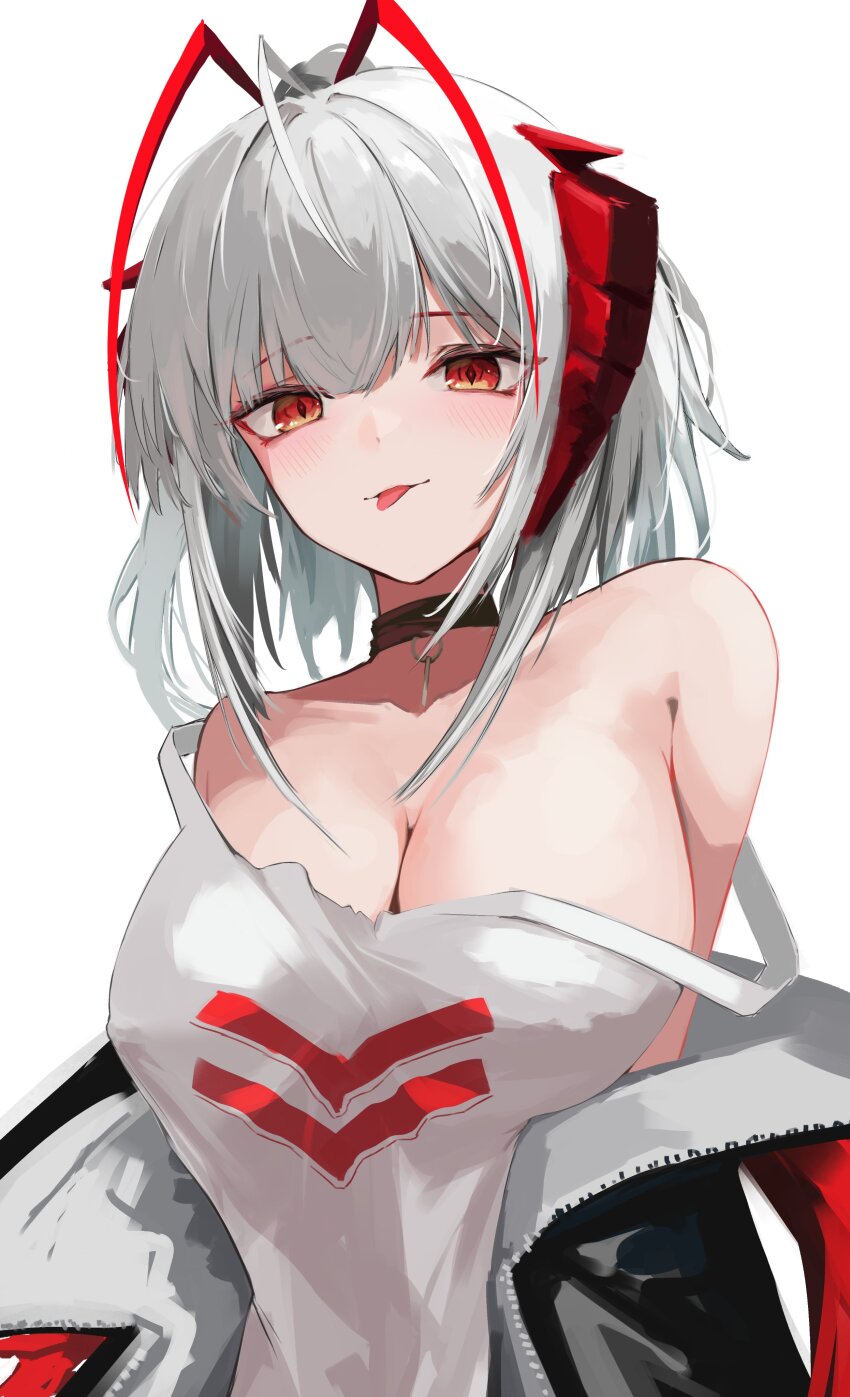 1girl :p absurdres arknights bare_shoulders black_jacket blush breasts cleavage closed_mouth collarbone grey_hair highres horns jacket large_breasts looking_at_viewer medium_hair nekomatamago off_shoulder open_clothes open_jacket red_eyes shirt sidelocks simple_background sleeveless sleeveless_shirt smile solo strap_slip tongue tongue_out two-sided_fabric two-sided_jacket upper_body w_(arknights) white_background white_jacket white_shirt