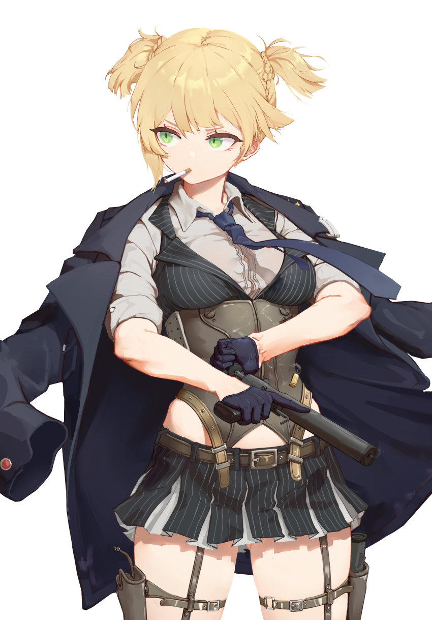 .32_acp 1girl absurdres bad_id bad_pixiv_id black_coat black_gloves black_necktie black_skirt black_vest blonde_hair bolt_action braid breasts shell_casing button_gap cigarette coat coat_on_shoulders collared_shirt corset dress_shirt ejection girls&#039;_frontline gloves green_eyes greentree grey_shirt gun handgun handgun_cartridge highres holding holding_gun holding_weapon holster integral_suppressor integrally-suppressed_firearm jacket long_sleeves looking_to_the_side manual_firearm medium_breasts military_cartridge necktie pinstripe_pattern pinstripe_vest pistol_cartridge pleated_skirt shirt short_hair simple_background skirt sleeves_rolled_up smoking solo striped suppressor thigh_strap twintails vest weapon welrod welrod_mk_ii welrod_mkii_(girls&#039;_frontline) white_background